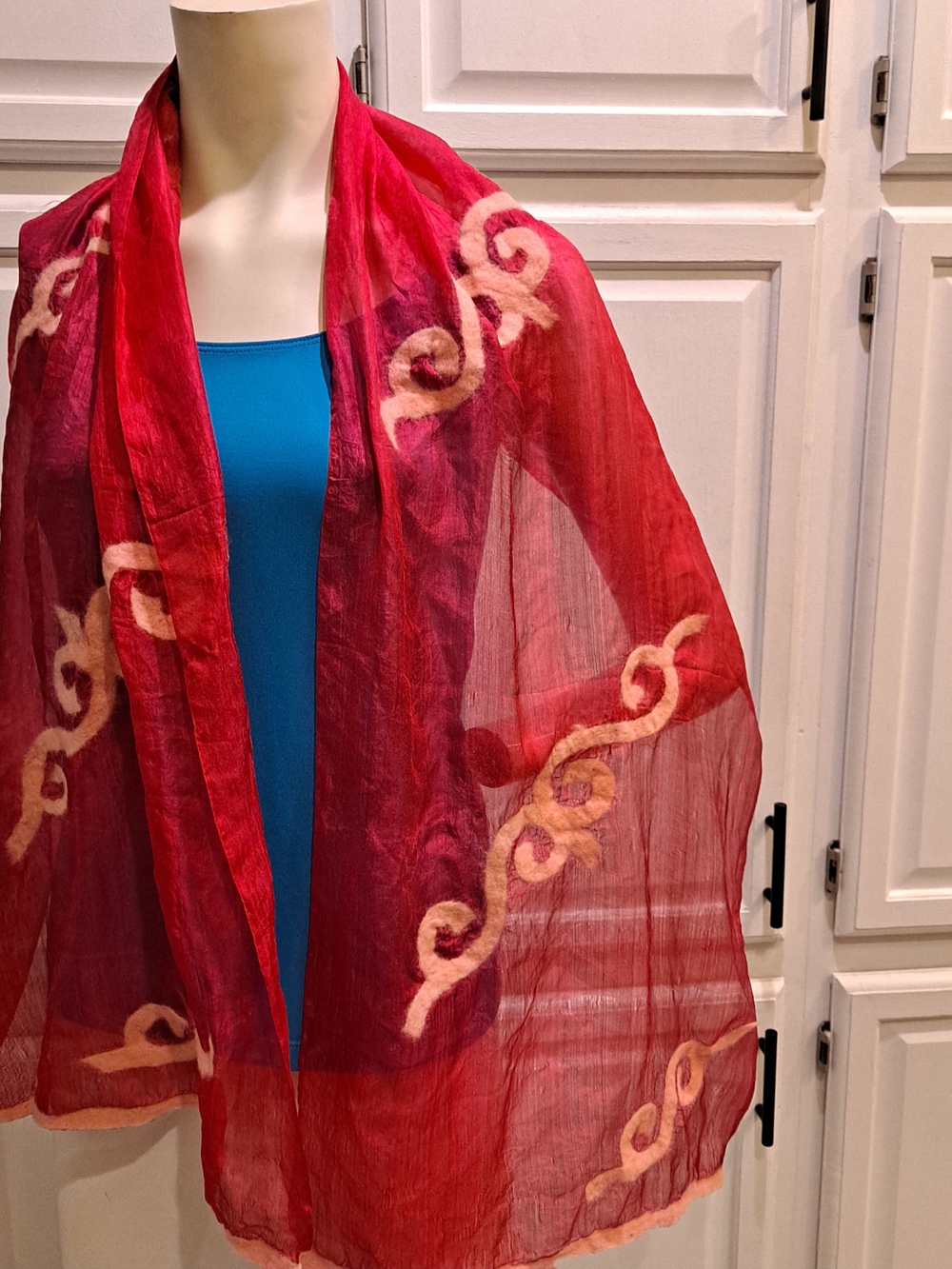 Nuno Sheer Dark Pink Silk Scarf W/ Blush Pink Felted Raw Merino Wool Swirls Art